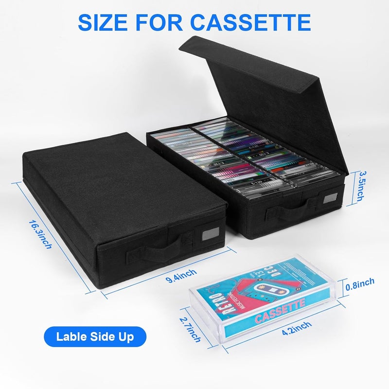 BOATISLE Cassette Tape Storage Box with Handles and Lid – Cassette Tape Holder and Organizer with External Label Slots, Stackable Cassette Storage Rack, 2Pack-Black - Image 3